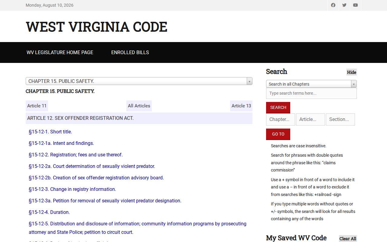 West Virginia registration law for a Monroe County sex offender check