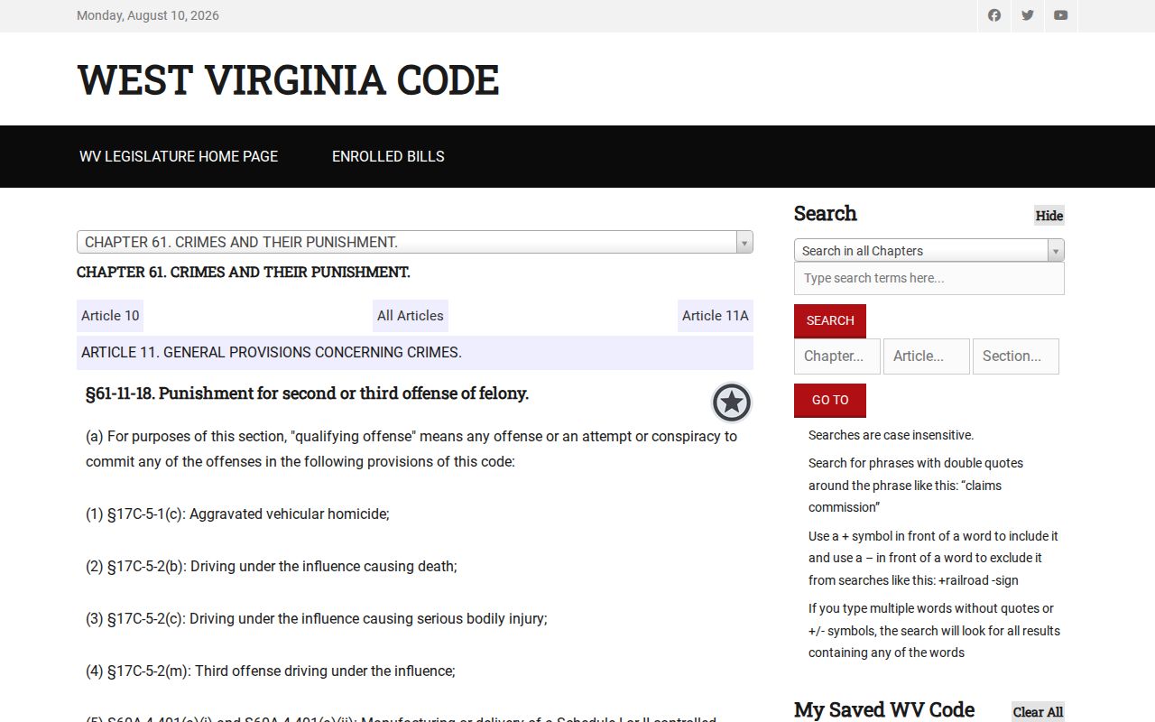 West Virginia repeat offender law related to Monroe County registry records