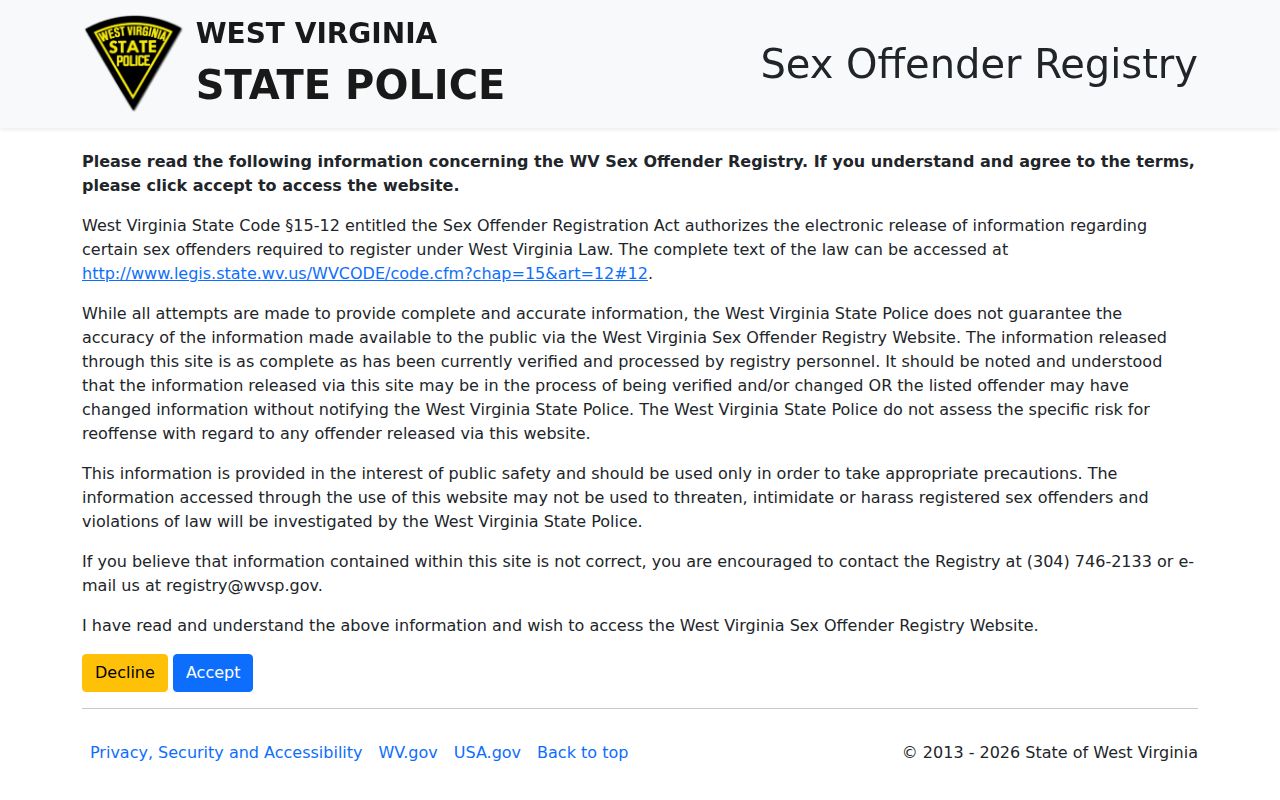 Monroe County sex offender registry disclaimer and search limits